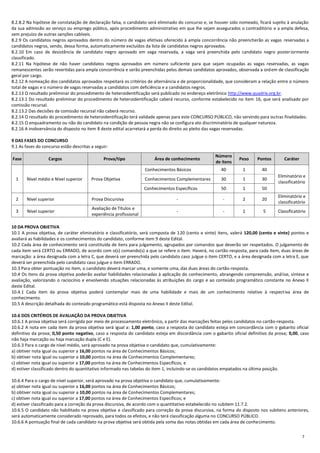 7
8.2.8.2 Na hipótese de constatação de declaração falsa, o candidato será eliminado do concurso e, se houver sido nomeado, ficará sujeito à anulação
da sua admissão ao serviço ou emprego público, após procedimento administrativo em que lhe sejam assegurados o contraditório e a ampla defesa,
sem prejuízo de outras sanções cabíveis.
8.2.9 Os candidatos negros aprovados dentro do número de vagas efetivas oferecido à ampla concorrência não preencherão as vagas reservadas a
candidatos negros, sendo, dessa forma, automaticamente excluídos da lista de candidatos negros aprovados.
8.2.10 Em caso de desistência de candidato negro aprovado em vaga reservada, a vaga será preenchida pelo candidato negro posteriormente
classificado.
8.2.11 Na hipótese de não haver candidatos negros aprovados em número suficiente para que sejam ocupadas as vagas reservadas, as vagas
remanescentes serão revertidas para ampla concorrência e serão preenchidas pelos demais candidatos aprovados, observada a ordem de classificação
geral por cargo.
8.2.12 A nomeação dos candidatos aprovados respeitará os critérios de alternância e de proporcionalidade, que consideram a relação entre o número
total de vagas e o número de vagas reservadas a candidatos com deficiência e a candidatos negros.
8.2.13 O resultado preliminar do procedimento de heteroidentificação será publicado no endereço eletrônico http://www.quadrix.org.br.
8.2.13.1 Do resultado preliminar do procedimento de heteroidentificação caberá recurso, conforme estabelecido no item 16, que será analisado por
comissão recursal.
8.2.13.2 Das decisões da comissão recursal não caberá recurso.
8.2.14 O resultado do procedimento de heteroidentificação terá validade apenas para este CONCURSO PÚBLICO, não servindo para outras finalidades.
8.2.15 O enquadramento ou não do candidato na condição de pessoa negra não se configura ato discriminatório de qualquer natureza.
8.2.16 A inobservância do disposto no item 8 deste edital acarretará a perda do direito ao pleito das vagas reservadas.
9 DAS FASES DO CONCURSO
9.1 As fases do concurso estão descritas a seguir:
Fase Cargos Prova/tipo Área de conhecimento
Número
de itens
Peso Pontos Caráter
1 Nível médio e Nível superior Prova Objetiva
Conhecimentos Básicos 40 1 40
Eliminatório e
classificatório
Conhecimentos Complementares 30 1 30
Conhecimentos Específicos 50 1 50
2 Nível superior Prova Discursiva - - 2 20
Eliminatório e
classificatório
3 Nível superior
Avaliação de Títulos e
experiência profissional
- - 1 5 Classificatório
10 DA PROVA OBJETIVA
10.1 A prova objetiva, de caráter eliminatório e classificatório, será composta de 120 (cento e vinte) itens, valerá 120,00 (cento e vinte) pontos e
avaliará as habilidades e os conhecimentos do candidato, conforme item 9 deste Edital.
10.2 Cada área de conhecimento será constituída de itens para julgamento, agrupados por comandos que deverão ser respeitados. O julgamento de
cada item será CERTO ou ERRADO, de acordo com o(s) comando(s) a que se refere o item. Haverá, no cartão-resposta, para cada item, duas áreas de
marcação: a área designada com a letra C, que deverá ser preenchida pelo candidato caso julgue o item CERTO, e a área designada com a letra E, que
deverá ser preenchida pelo candidato caso julgue o item ERRADO.
10.3 Para obter pontuação no item, o candidato deverá marcar uma, e somente uma, das duas áreas do cartão-resposta.
10.4 Os itens da prova objetiva poderão avaliar habilidades relacionadas à aplicação do conhecimento, abrangendo compreensão, análise, síntese e
avaliação, valorizando o raciocínio e envolvendo situações relacionadas às atribuições do cargo e ao conteúdo programático constante no Anexo II
deste Edital.
10.4.1 Cada item da prova objetiva poderá contemplar mais de uma habilidade e mais de um conhecimento relativo à respectiva área de
conhecimento.
10.5 A descrição detalhada do conteúdo programático está disposta no Anexo II deste Edital.
10.6 DOS CRITÉRIOS DE AVALIAÇÃO DA PROVA OBJETIVA
10.6.1 A prova objetiva será corrigida por meio de processamento eletrônico, a partir das marcações feitas pelos candidatos no cartão-resposta.
10.6.2 A nota em cada item da prova objetiva será igual a: 1,00 ponto, caso a resposta do candidato esteja em concordância com o gabarito oficial
definitivo da prova; 0,50 ponto negativo, caso a resposta do candidato esteja em discordância com o gabarito oficial definitivo da prova; 0,00, caso
não haja marcação ou haja marcação dupla (C e E).
10.6.3 Para o cargo de nível médio, será aprovado na prova objetiva o candidato que, cumulativamente:
a) obtiver nota igual ou superior a 16,00 pontos na área de Conhecimentos Básicos;
b) obtiver nota igual ou superior a 10,00 pontos na área de Conhecimentos Complementares;
c) obtiver nota igual ou superior a 17,00 pontos na área de Conhecimentos Específicos; e
d) estiver classificado dentro do quantitativo informado nas tabelas do item 1, incluindo-se os candidatos empatados na última posição.
10.6.4 Para o cargo de nível superior, será aprovado na prova objetiva o candidato que, cumulativamente:
a) obtiver nota igual ou superior a 16,00 pontos na área de Conhecimentos Básicos;
b) obtiver nota igual ou superior a 10,00 pontos na área de Conhecimentos Complementares;
c) obtiver nota igual ou superior a 17,00 pontos na área de Conhecimentos Específicos; e
d) estiver classificado para a correção da prova discursiva, de acordo com o quantitativo estabelecido no subitem 11.7.2.
10.6.5 O candidato não habilitado na prova objetiva e classificado para correção da prova discursiva, na forma do disposto nos subitens anteriores,
será automaticamente considerado reprovado, para todos os efeitos, e não terá classificação alguma no CONCURSO PÚBLICO.
10.6.6 A pontuação final de cada candidato na prova objetiva será obtida pela soma das notas obtidas em cada área de conhecimento.
 
