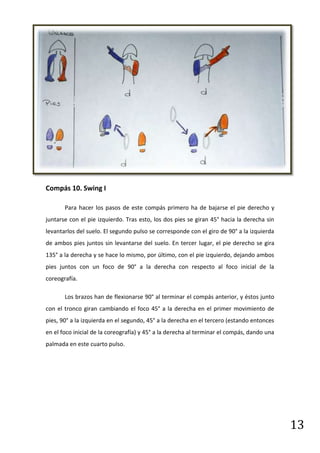 Compás 10. Swing I

       Para hacer los pasos de este compás primero ha de bajarse el pie derecho y
juntarse con el pie izquierdo. Tras esto, los dos pies se giran 45° hacia la derecha sin
levantarlos del suelo. El segundo pulso se corresponde con el giro de 90° a la izquierda
de ambos pies juntos sin levantarse del suelo. En tercer lugar, el pie derecho se gira
135° a la derecha y se hace lo mismo, por último, con el pie izquierdo, dejando ambos
pies juntos con un foco de 90° a la derecha con respecto al foco inicial de la
coreografía.

       Los brazos han de flexionarse 90° al terminar el compás anterior, y éstos junto
con el tronco giran cambiando el foco 45° a la derecha en el primer movimiento de
pies, 90° a la izquierda en el segundo, 45° a la derecha en el tercero (estando entonces
en el foco inicial de la coreografía) y 45° a la derecha al terminar el compás, dando una
palmada en este cuarto pulso.




                                                                                            13
 
