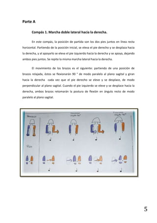 Parte A

       Compás 1. Marcha doble lateral hacia la derecha.

       En este compás, la posición de partida son los dos pies juntos en línea recta
horizontal. Partiendo de la posición inicial, se eleva el pie derecho y se desplaza hacia
la derecha, y al apoyarlo se eleva el pie izquierdo hacia la derecha y se apoya, dejando
ambos pies juntos. Se repite la misma marcha lateral hacia la derecha.

       El movimiento de los brazos es el siguiente: partiendo de una posición de
brazos relajada, éstos se flexionarán 90 ° de modo paralelo al plano sagital y giran
hacia la derecha cada vez que el pie derecho se eleve y se desplace, de modo
perpendicular al plano sagital. Cuando el pie izquierdo se eleve y se desplace hacia la
derecha, ambos brazos retomarán la postura de flexión en ángulo recto de modo
paralelo al plano sagital.




                                                                                            5
 