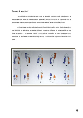 Compás 5. Mambo I

         Este mambo se realiza partiendo de la posición inicial con los pies juntos. Se
adelanta el pie derecho y se vuelve a poner en la posición inicial. A continuación, se
adelanta el pie izquierdo y se vuelve a llevar hacia atrás, en el punto de partida.

         Los brazos parten también de la posición inicial con ellos hacia abajo. Cuando el
pie derecho se adelanta, se eleva el brazo izquierdo, el cual se baja cuando el pie
derecho vuelva a la posición inicial. Cuando el pie izquierdo se eleve y avance hacia
adelante, se levanta el brazo derecho y se baja cuando el pie izquierdo se eleve hacia
atrás.




                                                                                             9
 