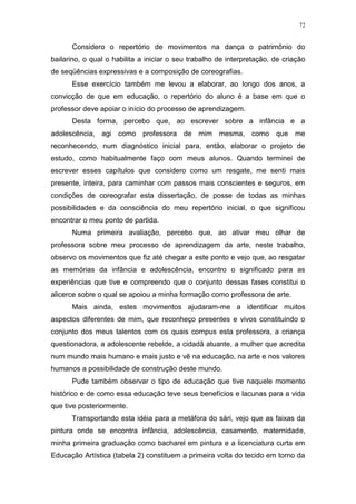 72
Considero o repertório de movimentos na dança o patrimônio do
bailarino, o qual o habilita a iniciar o seu trabalho de interpretação, de criação
de seqüências expressivas e a composição de coreografias.
Esse exercício também me levou a elaborar, ao longo dos anos, a
convicção de que em educação, o repertório do aluno é a base em que o
professor deve apoiar o início do processo de aprendizagem.
Desta forma, percebo que, ao escrever sobre a infância e a
adolescência, agi como professora de mim mesma, como que me
reconhecendo, num diagnóstico inicial para, então, elaborar o projeto de
estudo, como habitualmente faço com meus alunos. Quando terminei de
escrever esses capítulos que considero como um resgate, me senti mais
presente, inteira, para caminhar com passos mais conscientes e seguros, em
condições de coreografar esta dissertação, de posse de todas as minhas
possibilidades e da consciência do meu repertório inicial, o que significou
encontrar o meu ponto de partida.
Numa primeira avaliação, percebo que, ao ativar meu olhar de
professora sobre meu processo de aprendizagem da arte, neste trabalho,
observo os movimentos que fiz até chegar a este ponto e vejo que, ao resgatar
as memórias da infância e adolescência, encontro o significado para as
experiências que tive e compreendo que o conjunto dessas fases constitui o
alicerce sobre o qual se apoiou a minha formação como professora de arte.
Mais ainda, estes movimentos ajudaram-me a identificar muitos
aspectos diferentes de mim, que reconheço presentes e vivos constituindo o
conjunto dos meus talentos com os quais compus esta professora, a criança
questionadora, a adolescente rebelde, a cidadã atuante, a mulher que acredita
num mundo mais humano e mais justo e vê na educação, na arte e nos valores
humanos a possibilidade de construção deste mundo.
Pude também observar o tipo de educação que tive naquele momento
histórico e de como essa educação teve seus benefícios e lacunas para a vida
que tive posteriormente.
Transportando esta idéia para a metáfora do sári, vejo que as faixas da
pintura onde se encontra infância, adolescência, casamento, maternidade,
minha primeira graduação como bacharel em pintura e a licenciatura curta em
Educação Artística (tabela 2) constituem a primeira volta do tecido em torno da
 