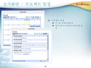 초기화면  :  프로젝트 일정 프로젝트 일정 주 / 월 / 일정목록별 뷰 위탁기관 및 공동연구기관 미팅 일정 