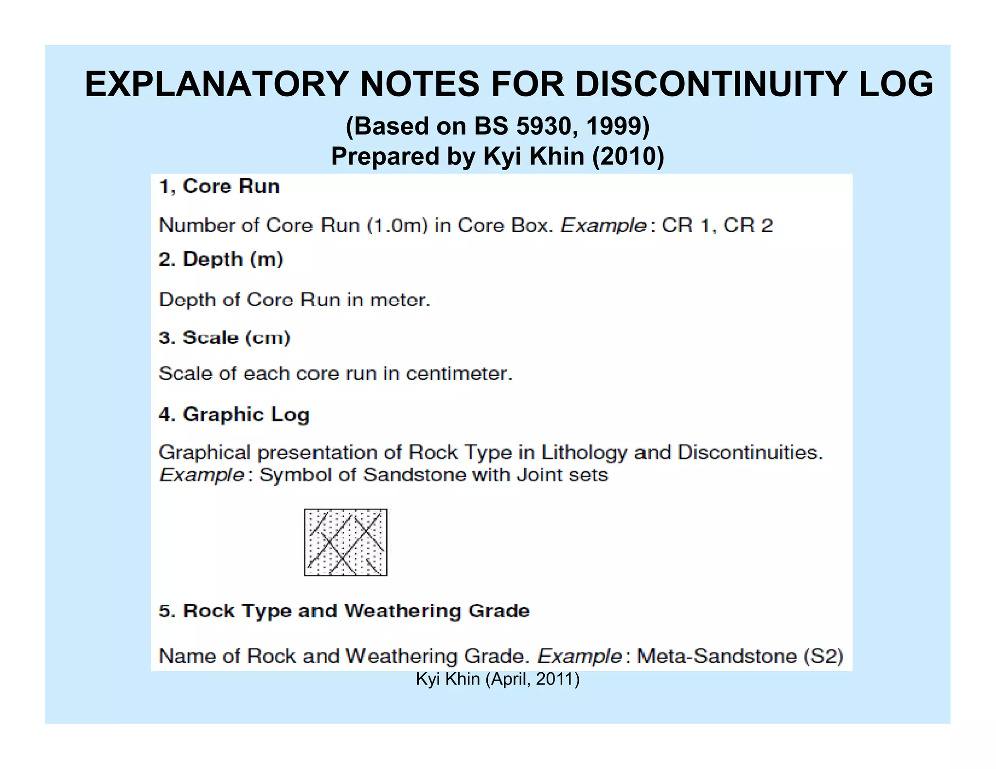 EXPLANATORY NOTES FOR DISCONTINUITY LOG
(Based on BS 5930, 1999)
Prepared by Kyi Khin (2010)
Kyi Khin (April, 2011)
 