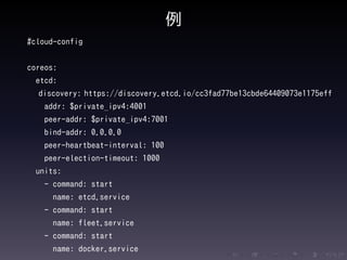 .....
.
....
.
....
.
.....
.
....
.
....
.
....
.
.....
.
....
.
....
.
....
.
.....
.
....
.
....
.
....
.
.....
.
....
.
.....
.
....
.
....
.
例
#cloud-config
coreos:
etcd:
discovery: https://discovery.etcd.io/cc3fad77be13cbde64409073e1175eff
addr: $private_ipv4:4001
peer-addr: $private_ipv4:7001
bind-addr: 0.0.0.0
peer-heartbeat-interval: 100
peer-election-timeout: 1000
units:
- command: start
name: etcd.service
- command: start
name: fleet.service
- command: start
name: docker.service
 