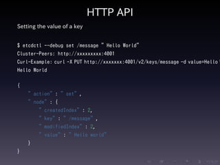.....
.
....
.
....
.
.....
.
....
.
....
.
....
.
.....
.
....
.
....
.
....
.
.....
.
....
.
....
.
....
.
.....
.
....
.
.....
.
....
.
....
.
HTTP API
Setting the value of a key
$ etcdctl --debug set /message ”Hello World”
Cluster-Peers: http://xxxxxxxxx:4001
Curl-Example: curl -X PUT http://xxxxxxx:4001/v2/keys/message -d value=Hello W
Hello World
{
”action”: ”set”,
”node”: {
”createdIndex”: 2,
”key”: ”/message”,
”modifiedIndex”: 2,
”value”: ”Hello world”
}
}
 