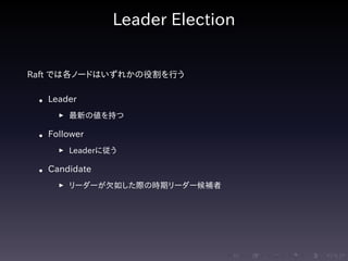 .....
.
....
.
....
.
.....
.
....
.
....
.
....
.
.....
.
....
.
....
.
....
.
.....
.
....
.
....
.
....
.
.....
.
....
.
.....
.
....
.
....
.
Leader Election
Raft では各ノードはいずれかの役割を行う
• Leader
▶ 最新の値を持つ
• Follower
▶ Leaderに従う
• Candidate
▶ リーダーが欠如した際の時期リーダー候補者
 