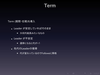 .....
.
....
.
....
.
.....
.
....
.
....
.
....
.
.....
.
....
.
....
.
....
.
.....
.
....
.
....
.
....
.
.....
.
....
.
.....
.
....
.
....
.
Term
Term (期間・任期)を導入
• Leader が安定していればそのまま
▶ 大何代総長みたいなもの
• Leader が不安定
▶ 選挙になると代が+1
• 先代のLeaderの復帰
▶ 代が変わっているのでFolloweに降格
 