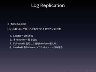 .....
.
....
.
....
.
.....
.
....
.
....
.
....
.
.....
.
....
.
....
.
....
.
.....
.
....
.
....
.
....
.
.....
.
....
.
.....
.
....
.
....
.
Log Replication
2 Phase Commit
LogにはIndexが振られておりそれを見て古いか判断
1. Leaderへ値を通知
2. 各Followerへ値を送る
3. Followerは成功した旨をLeaderへ伝える
4. Leaderは各Followerへコミットメッセージを送る
 