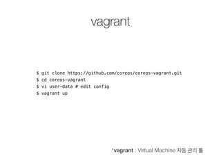 vagrant
$ git clone https://github.com/coreos/coreos-vagrant.git
$ cd coreos-vagrant
$ vi user-data # edit config
$ vagrant up
*vagrant : Virtual Machine 자동 관리 툴
 