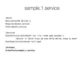 sample.1.service
[Unit]
Description=My Service 1
Requires=docker.service
After=docker.service
!
[Service]
ExecStart=/usr/bin/docker run --rm --name app1 busybox 
/bin/sh -c "while true; do echo Hello World; sleep 1; done"
ExecStop=/usr/bin/docker kill app1
!
[X-Fleet]
X-Conflicts=sample.*.service
 