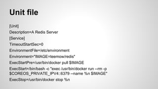 Unit file 
[Unit] 
Description=A Redis Server 
[Service] 
TimeoutStartSec=0 
EnvironmentFile=/etc/environment 
Environment="IMAGE=teemow/redis" 
ExecStartPre=/usr/bin/docker pull $IMAGE 
ExecStart=/bin/bash -c "exec /usr/bin/docker run --rm -p 
$COREOS_PRIVATE_IPV4::6379 --name %n $IMAGE" 
ExecStop=/usr/bin/docker stop %n 
 