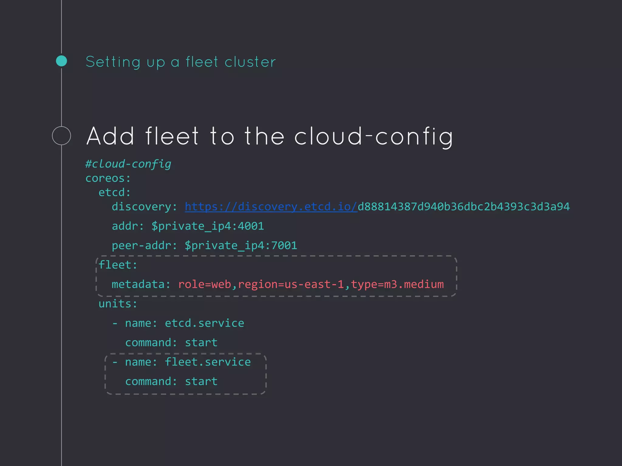 Setting up a fleet cluster
Add fleet to the cloud-config
#cloud-config
coreos:
etcd:
discovery: https://discovery.etcd.io/d88814387d940b36dbc2b4393c3d3a94
addr: $private_ip4:4001
peer-addr: $private_ip4:7001
fleet:
metadata: role=web,region=us-east-1,type=m3.medium
units:
- name: etcd.service
command: start
- name: fleet.service
command: start
 