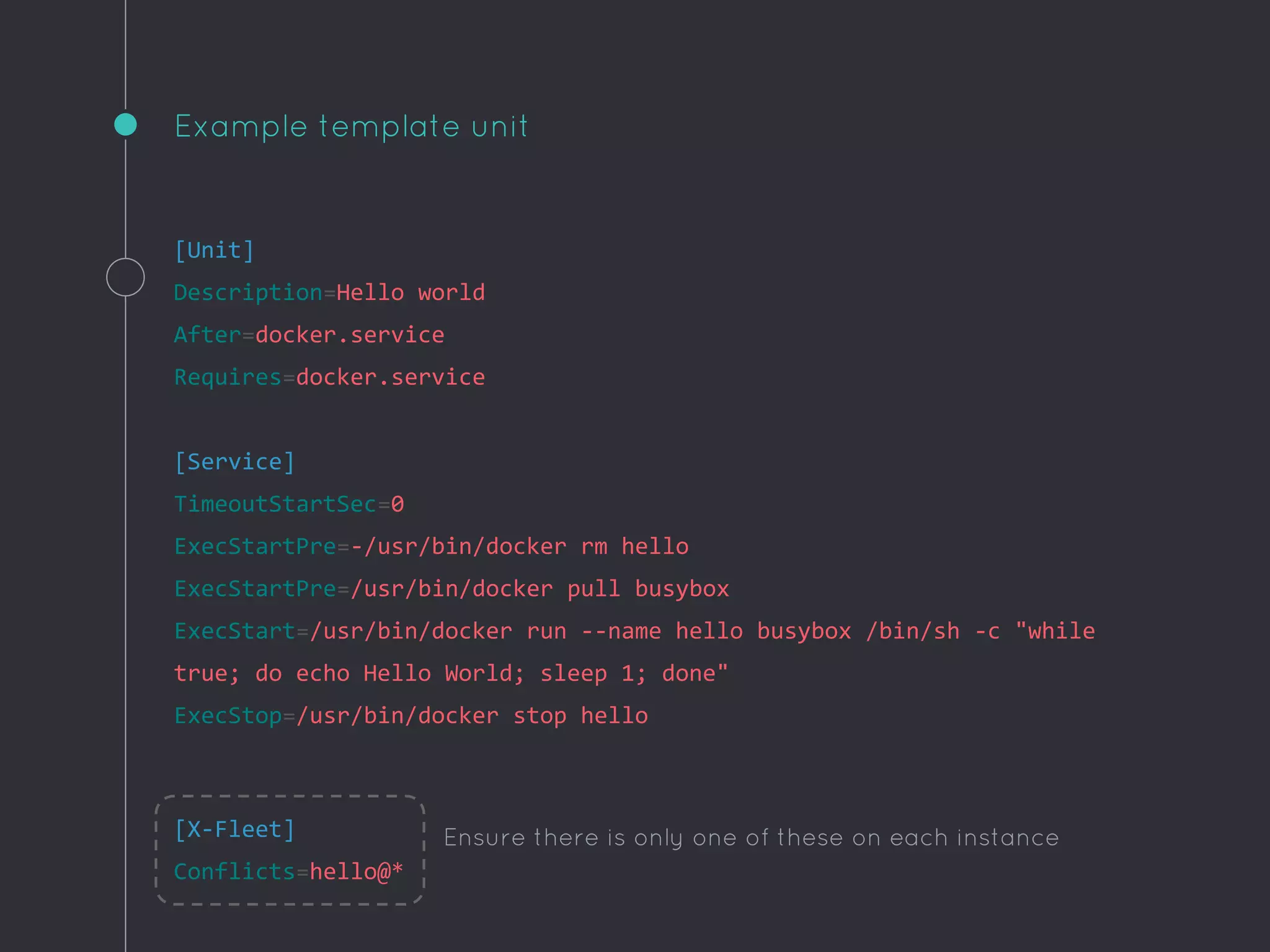 Example template unit
[Unit]
Description=Hello world
After=docker.service
Requires=docker.service
[Service]
TimeoutStartSec=0
ExecStartPre=-/usr/bin/docker rm hello
ExecStartPre=/usr/bin/docker pull busybox
ExecStart=/usr/bin/docker run --name hello busybox /bin/sh -c "while
true; do echo Hello World; sleep 1; done"
ExecStop=/usr/bin/docker stop hello
[X-Fleet]
Conflicts=hello@*
Ensure there is only one of these on each instance
 