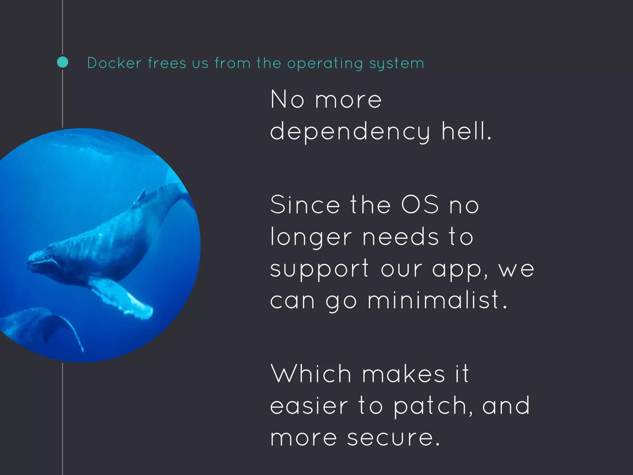 Docker frees us from the operating system
No more
dependency hell.
Since the OS no
longer needs to
support our app, we
can go minimalist.
Which makes it
easier to patch, and
more secure.
 
