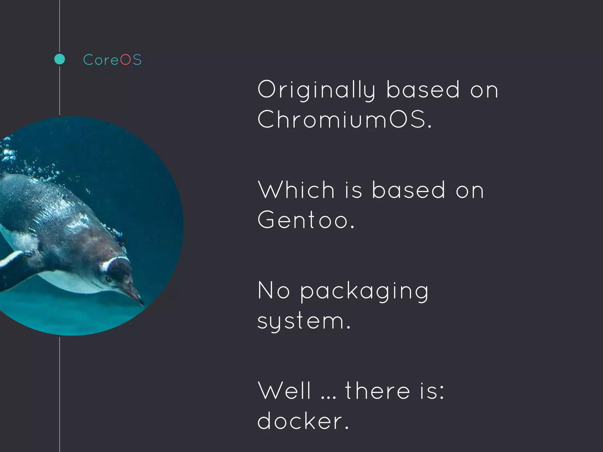CoreOS
Originally based on
ChromiumOS.
Which is based on
Gentoo.
No packaging
system.
Well ... there is:
docker.
 