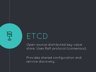 ETCD
Open-source distributed key-value
store. Uses Raft protocol (consensus).
Provides shared configuration and
service discovery.
 