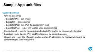 © Copyright 2014 Hewlett-Packard Development Company, L.P. The information contained herein is subject to change without notice.17
Sample App unit files
Systemd unit files
• Unit file directives
– ExecStartPre – pull image
– ExecStart – run container
– ExecStartPost– set IP of the container in etcd
– ExecStopPost – remove IP in etcd upon container stop
• ElasticSearch – sets its own public and private IPs in etcd for discovery by logstash
• Logstash – sets its own IP in etcd for discovery by logstash agents
• Sinatra app – sets title of app in etcd as well as IP addresses for discovery by nginx to
generate nginx conf using confd
 