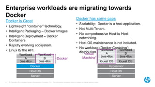© Copyright 2014 Hewlett-Packard Development Company, L.P. The information contained herein is subject to change without notice.4
Enterprise workloads are migrating towards
Docker
Server
Host OS
Docker
bins+libs
Workload
B
Workload
A
bins+libs
Docker
Server
Host OS
Hypervisor
Guest OSGuest OS
bins+libs
Workload
B
Workload
A
bins+libs
Virtual
Machine
Docker is Great
• Lightweight “container” technology.
• Intelligent Packaging – Docker Images
• Intelligent Deployment – Docker
Containers
• Rapidly evolving ecosystem.
• Linux IS the API.
Docker has some gaps
• Scalability: Docker is a host application.
• Not Multi-Tenant.
• No comprehensive Host-to-Host
networking.
• Host OS maintenance is not included.
• No workload (Docker Container)
distribution.
 