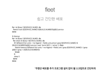 fleet 
쉽고 간단한 배포 
for i in $(seq 1 ${SERVICE_NUM}); do 
fleetctl start ${SERVICE_NAME}-${BUILD_NUMBER}@${i}.service 
done 
# cleanup 
for i in $(seq 1 ${SERVICE_NUM}); do 
for check in $(seq 1 ${CHECK_NUM}); do 
if [ $(fleetctl list-units --no-legend --fields unit,active | grep ${SERVICE_NAME}-$ 
{BUILD_NUMBER}@${i}.service | awk '{print $2}') = 'active' ]; then 
fleetctl destroy $(fleetctl list-units --no-legend --fields unit | grep ${SERVICE_NAME}- | grep 
@${i} | grep -v ${BUILD_NUMBER}) 
break 
fi 
sleep 5 
done 
done 
*무중단 배포를 추가 프로그램 설치 없이 쉘 스크립트로 간단하게 
 