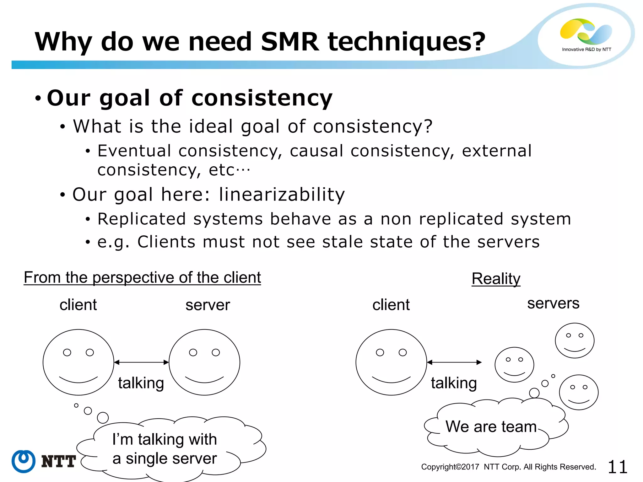 11Copyright©2017 NTT Corp. All Rights Reserved.
• Our goal of consistency
• What is the ideal goal of consistency?
• Eventual consistency, causal consistency, external
consistency, etc…
• Our goal here: linearizability
• Replicated systems behave as a non replicated system
• e.g. Clients must not see stale state of the servers
Why do we need SMR techniques?
client server
talking
I’m talking with
a single server
From the perspective of the client
client servers
talking
Reality
We are team
 
