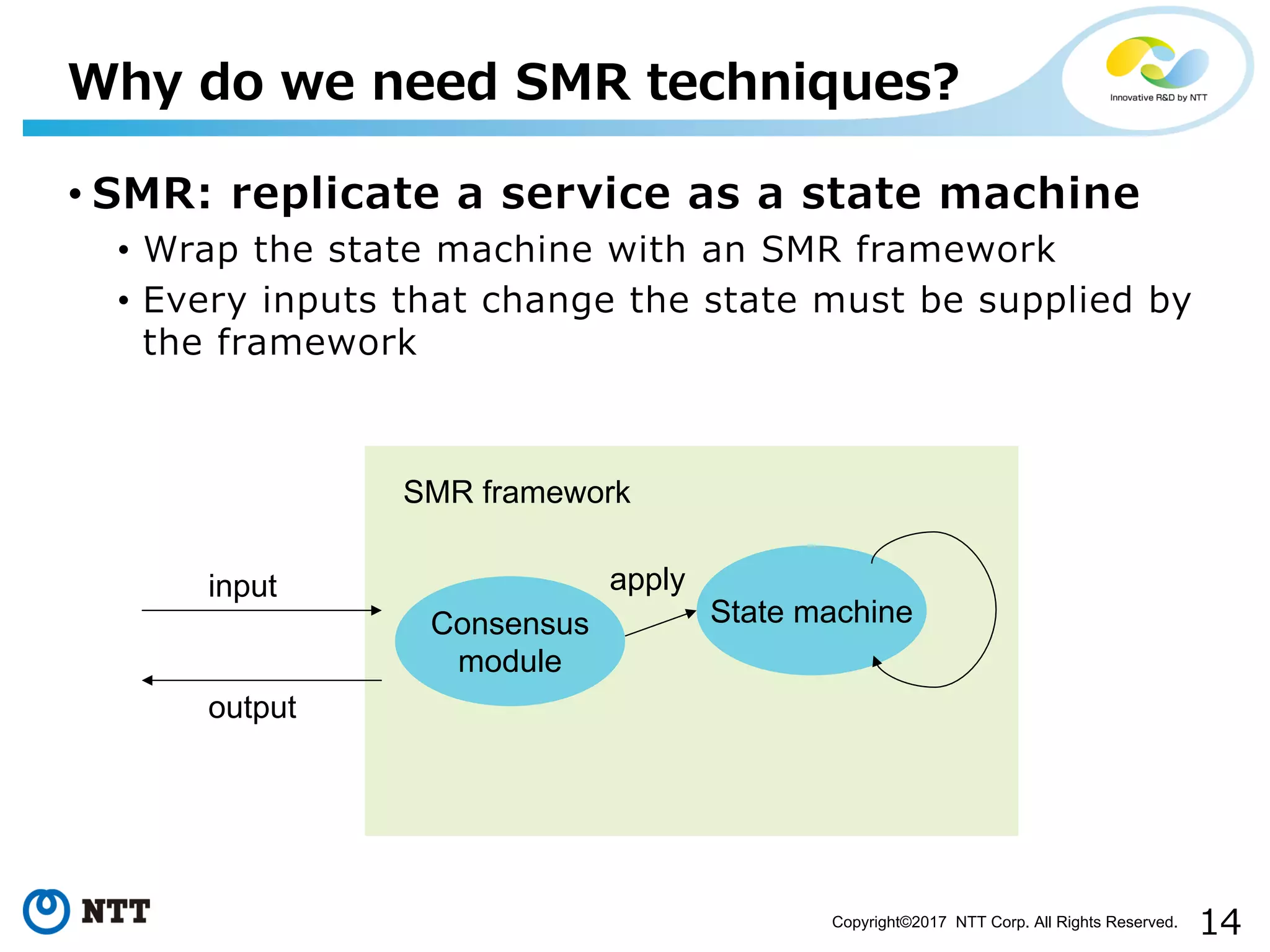 14Copyright©2017 NTT Corp. All Rights Reserved.
• SMR: replicate a service as a state machine
• Wrap the state machine with an SMR framework
• Every inputs that change the state must be supplied by
the framework
Why do we need SMR techniques?
State machine
input
output
SMR framework
Consensus
module
apply
 