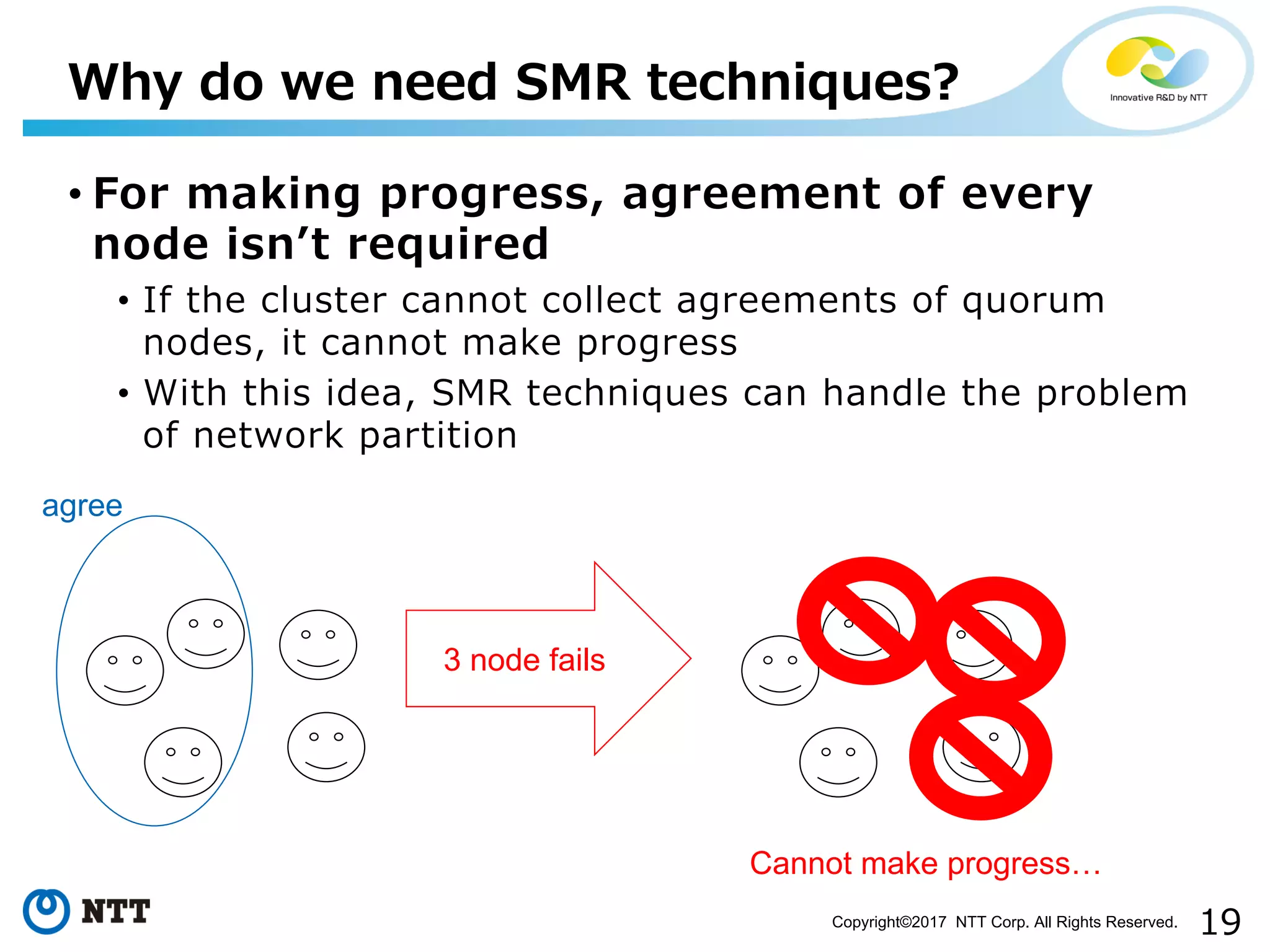 19Copyright©2017 NTT Corp. All Rights Reserved.
• For making progress, agreement of every
node isnʼt required
• If the cluster cannot collect agreements of quorum
nodes, it cannot make progress
• With this idea, SMR techniques can handle the problem
of network partition
Why do we need SMR techniques?
agree
Cannot make progress…
3 node fails
 