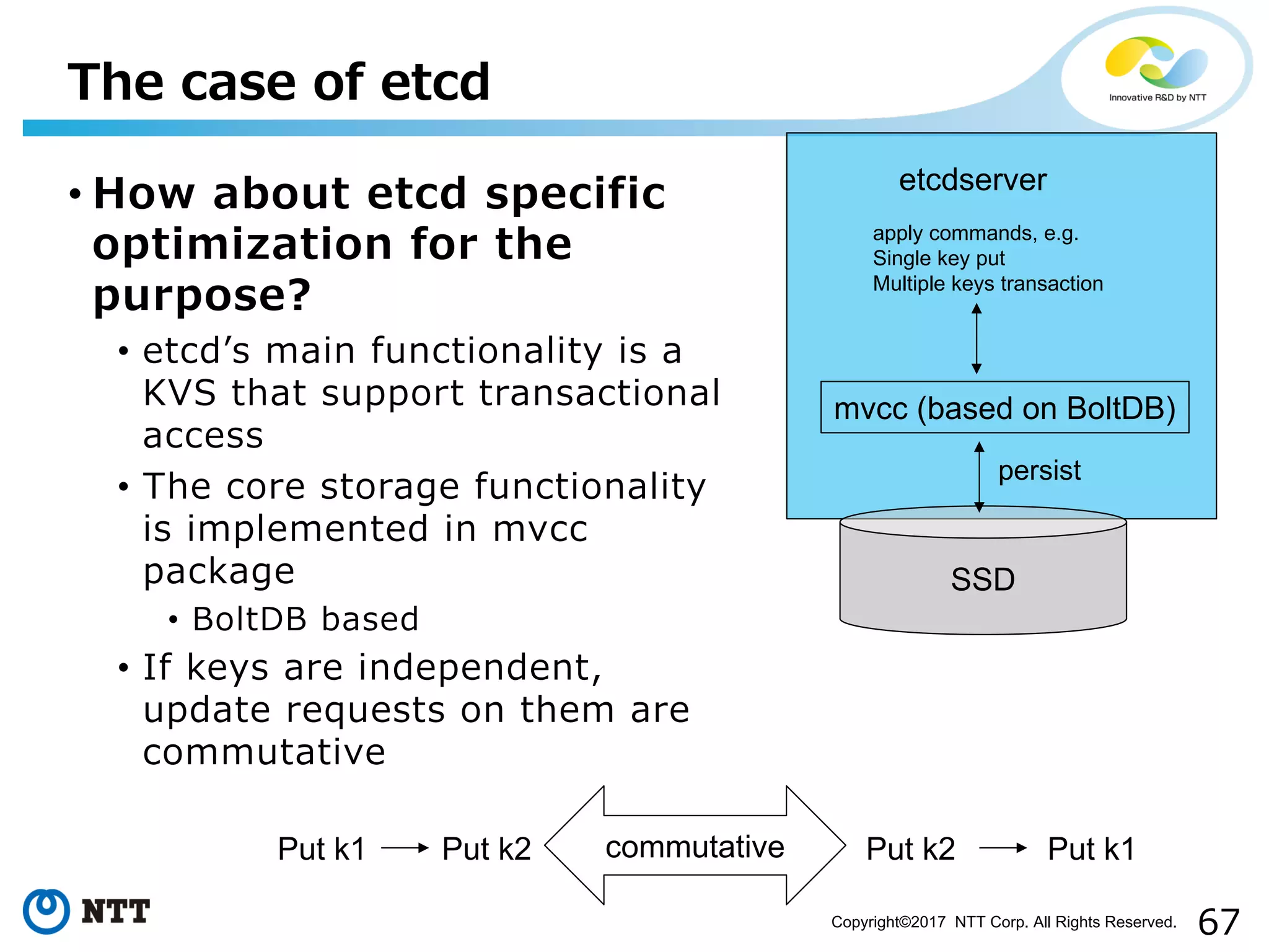 67Copyright©2017 NTT Corp. All Rights Reserved.
• How about etcd specific
optimization for the
purpose?
• etcdʼs main functionality is a
KVS that support transactional
access
• The core storage functionality
is implemented in mvcc
package
• BoltDB based
• If keys are independent,
update requests on them are
commutative
The case of etcd
etcdserver
SSD
mvcc (based on BoltDB)
apply commands, e.g.
Single key put
Multiple keys transaction
persist
Put k1 Put k2 Put k2 Put k1commutative
 
