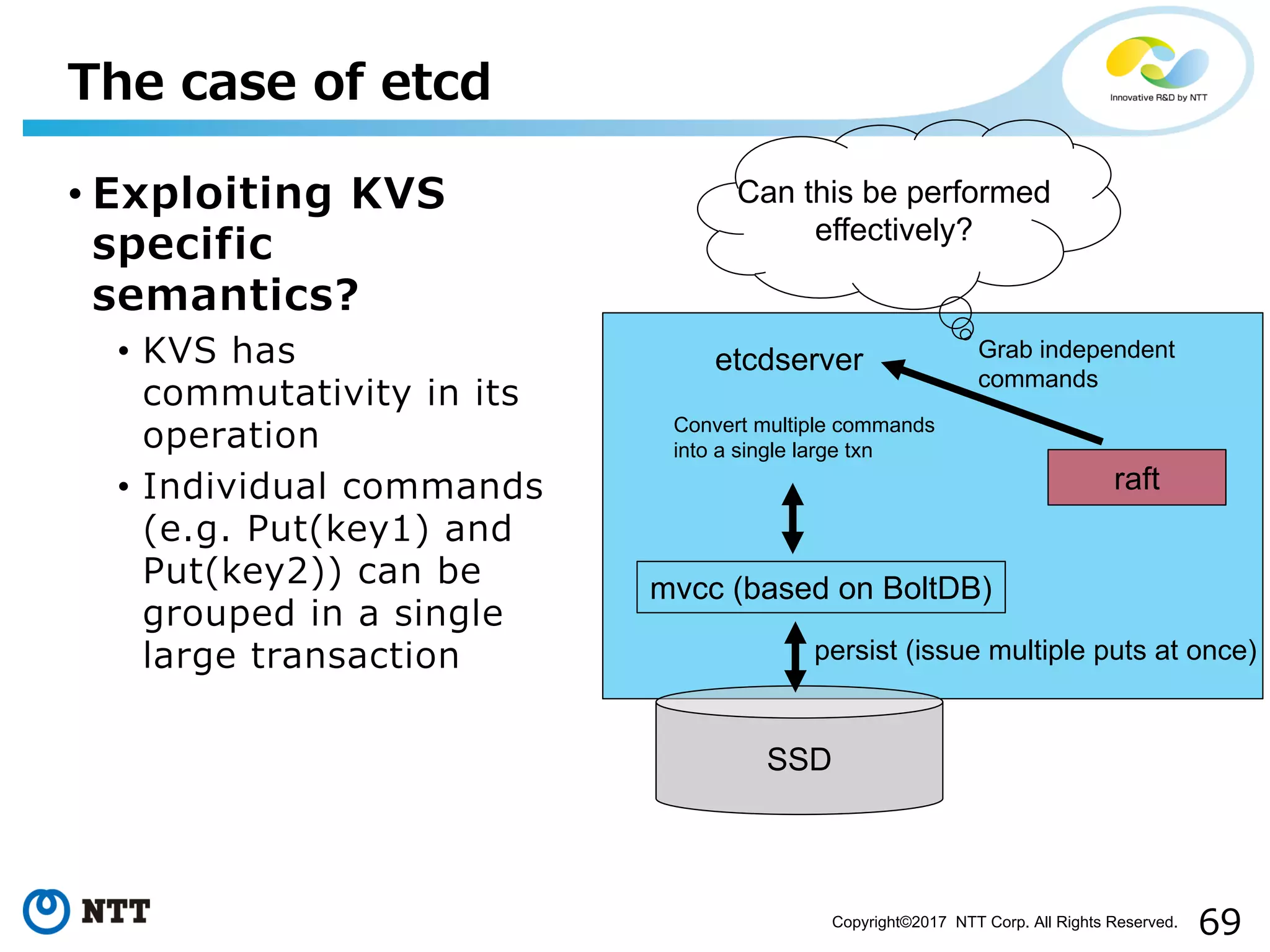 69Copyright©2017 NTT Corp. All Rights Reserved.
• Exploiting KVS
specific
semantics?
• KVS has
commutativity in its
operation
• Individual commands
(e.g. Put(key1) and
Put(key2)) can be
grouped in a single
large transaction
The case of etcd
etcdserver
SSD
mvcc (based on BoltDB)
Convert multiple commands
into a single large txn
persist (issue multiple puts at once)
raft
Grab independent
commands
Can this be performed
effectively?
 
