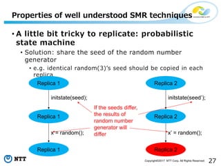 27Copyright©2017 NTT Corp. All Rights Reserved.
• A little bit tricky to replicate: probabilistic
state machine
• Solution: share the seed of the random number
generator
• e.g. identical random(3)ʼs seed should be copied in each
replica
Properties of well understood SMR techniques
Replica 1
initstate(seed);
Replica 1
Replica 1
x = random();
Replica 2
initstate(seed’);
Replica 2
Replica 2
x’ = random();
If the seeds differ,
the results of
random number
generator will
differ
 
