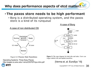 38Copyright©2017 NTT Corp. All Rights Reserved.
• The paxos store needs to be high performant
• Borg is a distributed operating system, and the paxos
store is a kind of its runqueue
Why does performance aspects of etcd matter?
[Verma et, al. EuroSys ’15]
A case of non distributed OS
A case of Borg
Operating Systems: Three Easy Pieces
http://pages.cs.wisc.edu/~remzi/OSTEP/cpu-intro.pdf
 