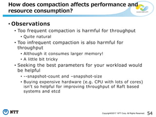 54Copyright©2017 NTT Corp. All Rights Reserved.
• Observations
• Too frequent compaction is harmful for throughput
• Quite natural
• Too infrequent compaction is also harmful for
throughput
• Although it consumes larger memory!
• A little bit tricky
• Seeking the best parameters for your workload would
be helpful
• --snapshot-count and –snapshot-size
• Buying expensive hardware (e.g. CPU with lots of cores)
isnʼt so helpful for improving throughput of Raft based
systems and etcd
How does compaction affects performance and
resource consumption?
 