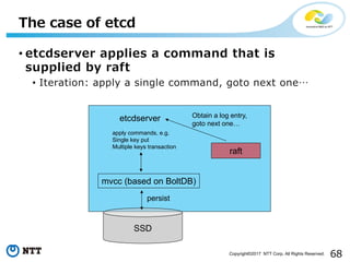 68Copyright©2017 NTT Corp. All Rights Reserved.
• etcdserver applies a command that is
supplied by raft
• Iteration: apply a single command, goto next one…
The case of etcd
etcdserver
SSD
mvcc (based on BoltDB)
apply commands, e.g.
Single key put
Multiple keys transaction
persist
raft
Obtain a log entry,
goto next one…
 