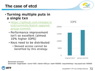 72Copyright©2017 NTT Corp. All Rights Reserved.
• Turning multiple puts in
a single txn
• https://github.com/mitake/e
tcd/commits/batch-append-
group-commit
• Performance improvement
isnʼt so excellent (almost
10% higher IOPS)
• Keys need to be distributed
• Skewed access cannot be
benefited by this strategy
The case of etcd
0
5000
10000
15000
20000
original etcd group commit
IOPS
Benchmark command:
benchmark --target-leader --conns=1000 --clients=1000 put --total=1000000 --sequential-keys --key-space-size 1000000
 