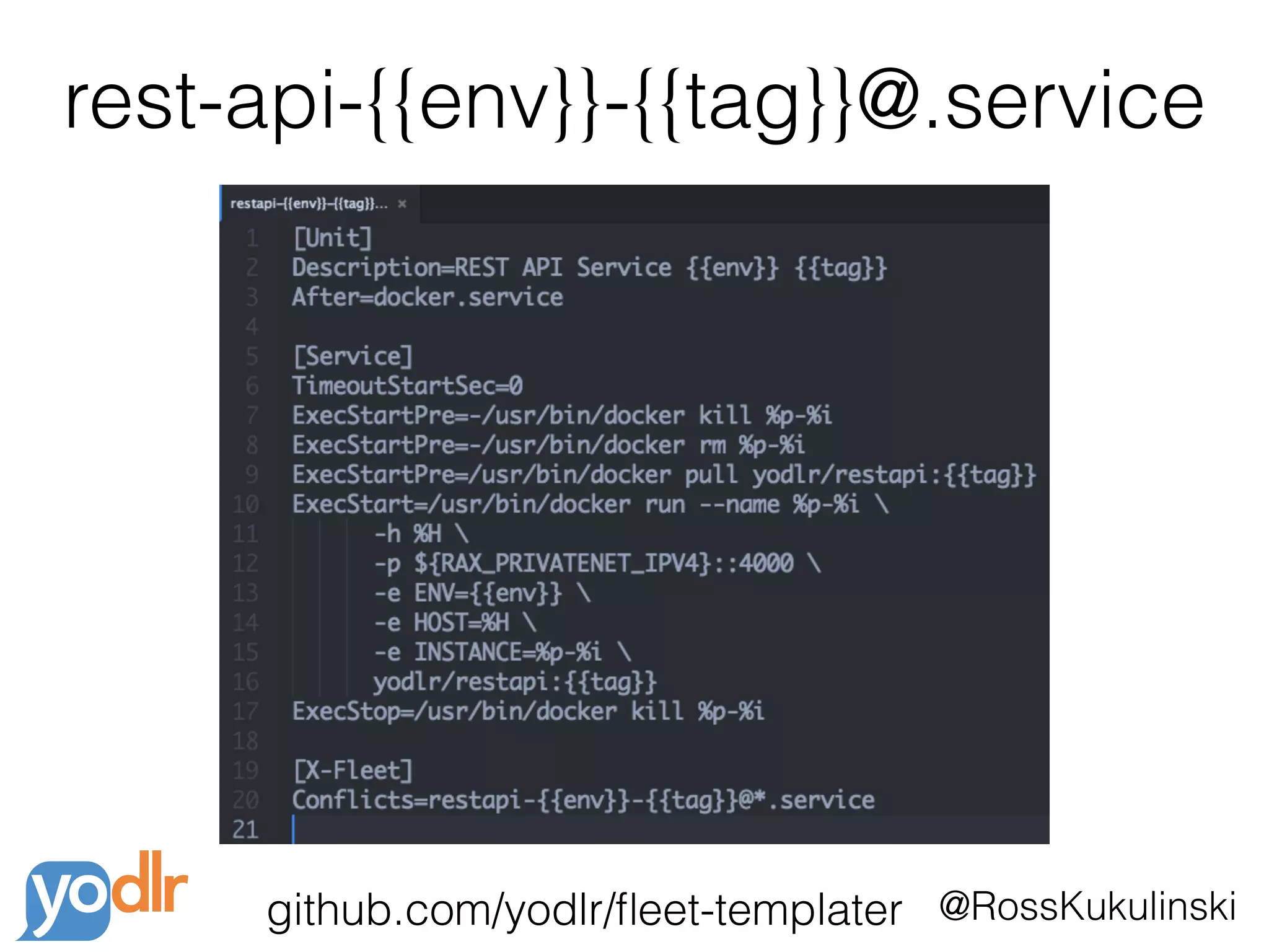@RossKukulinski
rest-api-{{env}}-{{tag}}@.service
github.com/yodlr/ﬂeet-templater
 