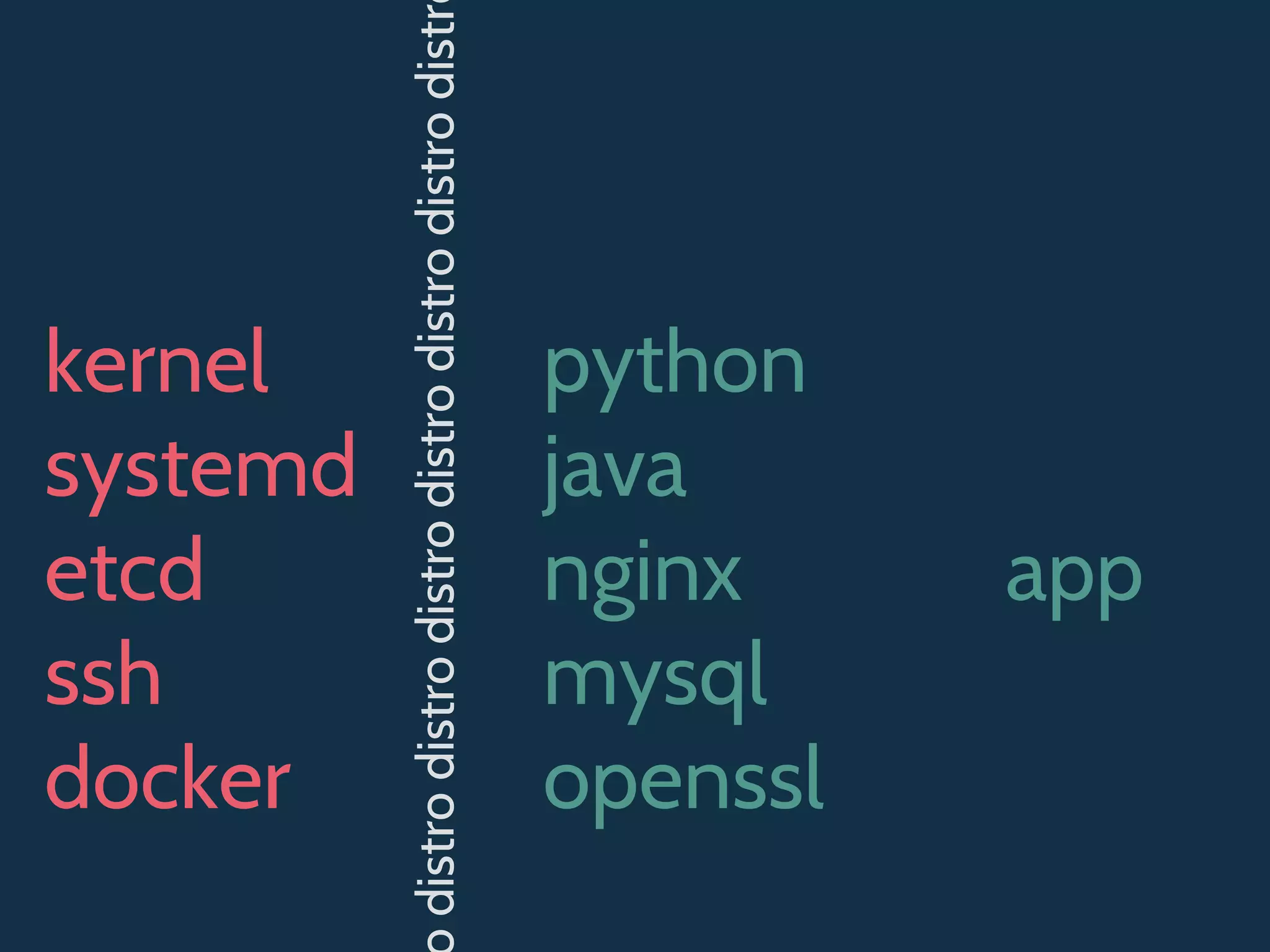 python
java
nginx
mysql
openssl
app
distrodistrodistrodistrodistrodistrodistr
kernel
systemd
etcd
ssh
docker
 