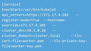 [Service]
ExecStart=/usr/bin/kubelet --
api_servers=https://172.17.4.101 --
register-node=true --hostname-
override=172.17.4.201 --
cluster_dns=10.3.0.10 --
cluster_domain=cluster.local --tls-
cert-file=worker.pem --tls-private-key-
file=worker-key.pem
 