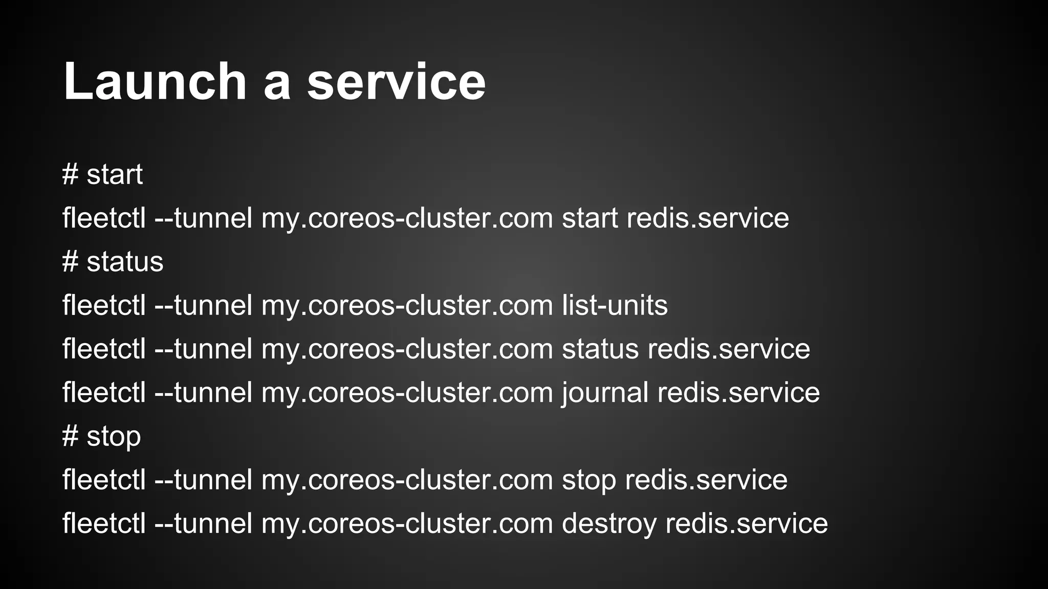 Launch a service
# start
fleetctl --tunnel my.coreos-cluster.com start redis.service
# status
fleetctl --tunnel my.coreos-cluster.com list-units
fleetctl --tunnel my.coreos-cluster.com status redis.service
fleetctl --tunnel my.coreos-cluster.com journal redis.service
# stop
fleetctl --tunnel my.coreos-cluster.com stop redis.service
fleetctl --tunnel my.coreos-cluster.com destroy redis.service
 