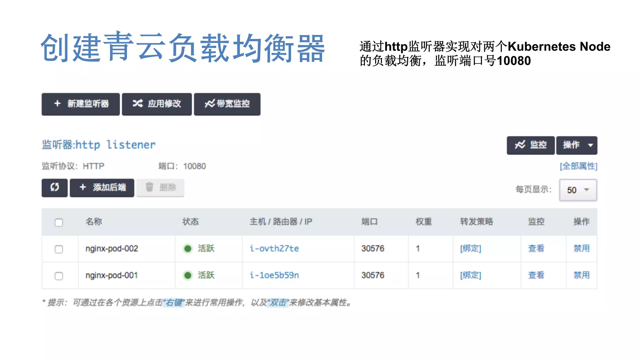 创建青云负载均衡器 通过http监听器实现对两个Kubernetes Node
的负载均衡，监听端口号10080
 