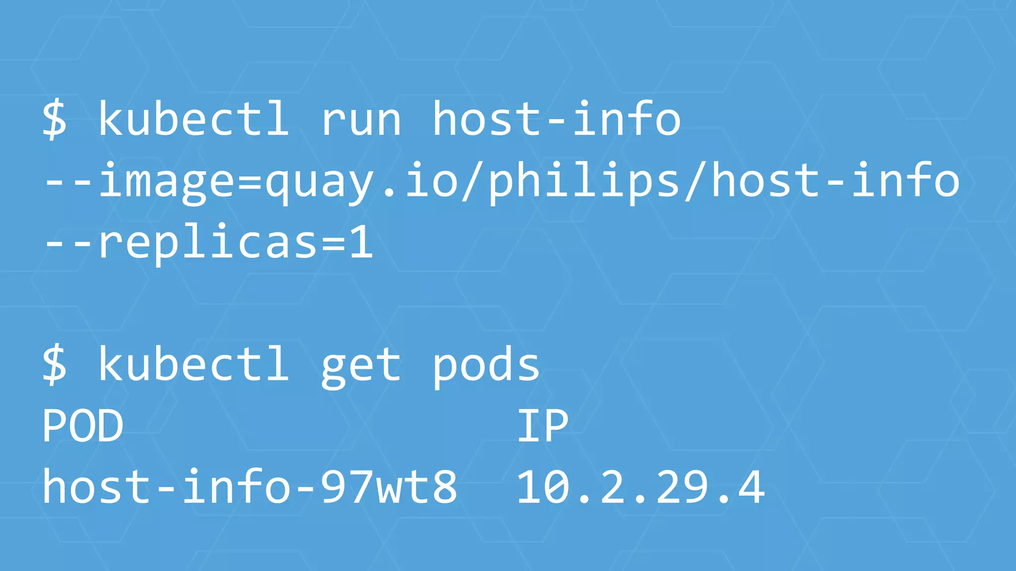 $ kubectl run host-info
--image=quay.io/philips/host-info
--replicas=1
$ kubectl get pods
POD IP
host-info-97wt8 10.2.29.4
 