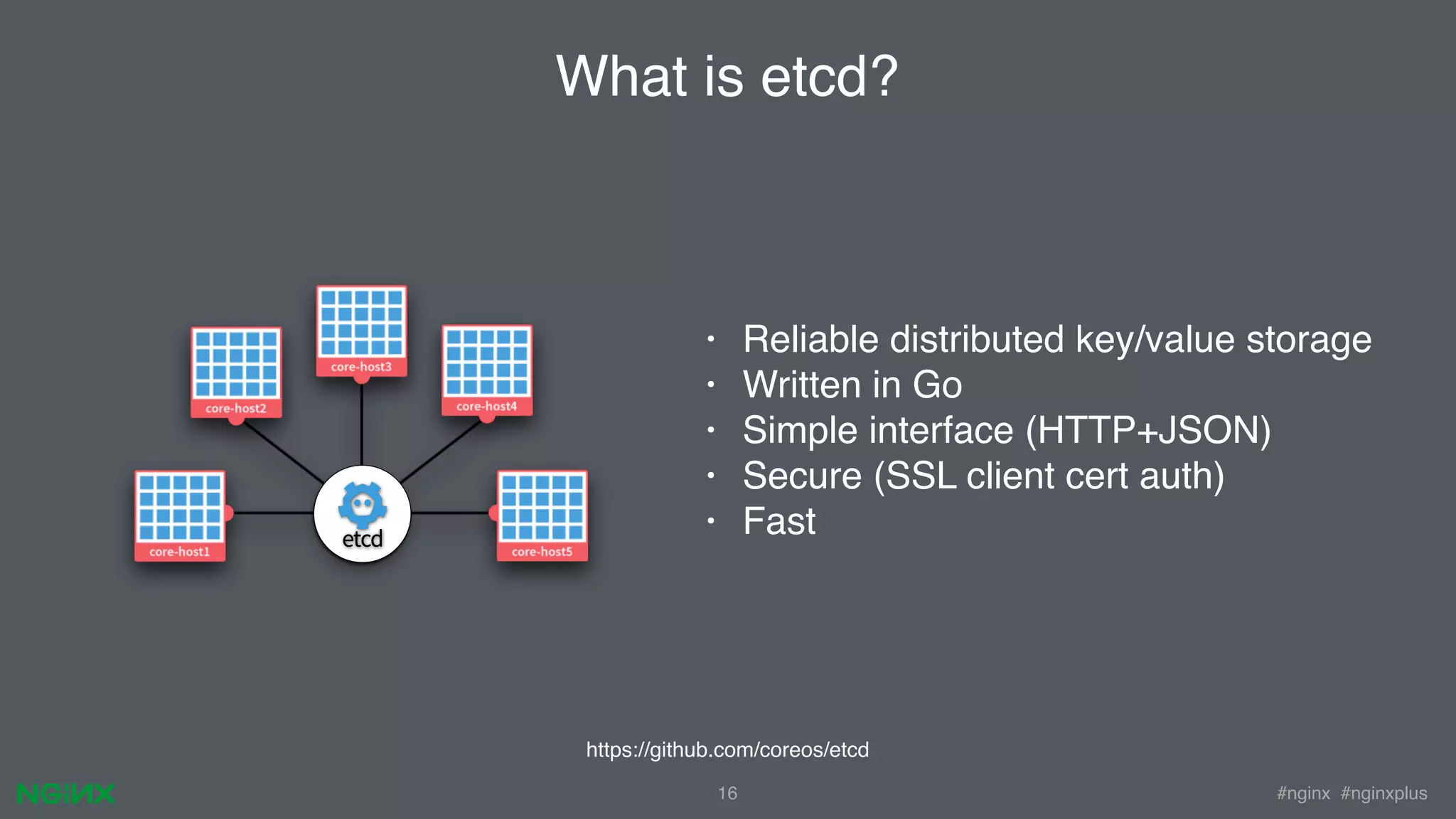 #nginx #nginxplus What is etcd? 16 • Reliable distributed key/value storage • Written in Go • Simple interface (HTTP+JSON) • Secure (SSL client cert auth) • Fast https://github.com/coreos/etcd 
