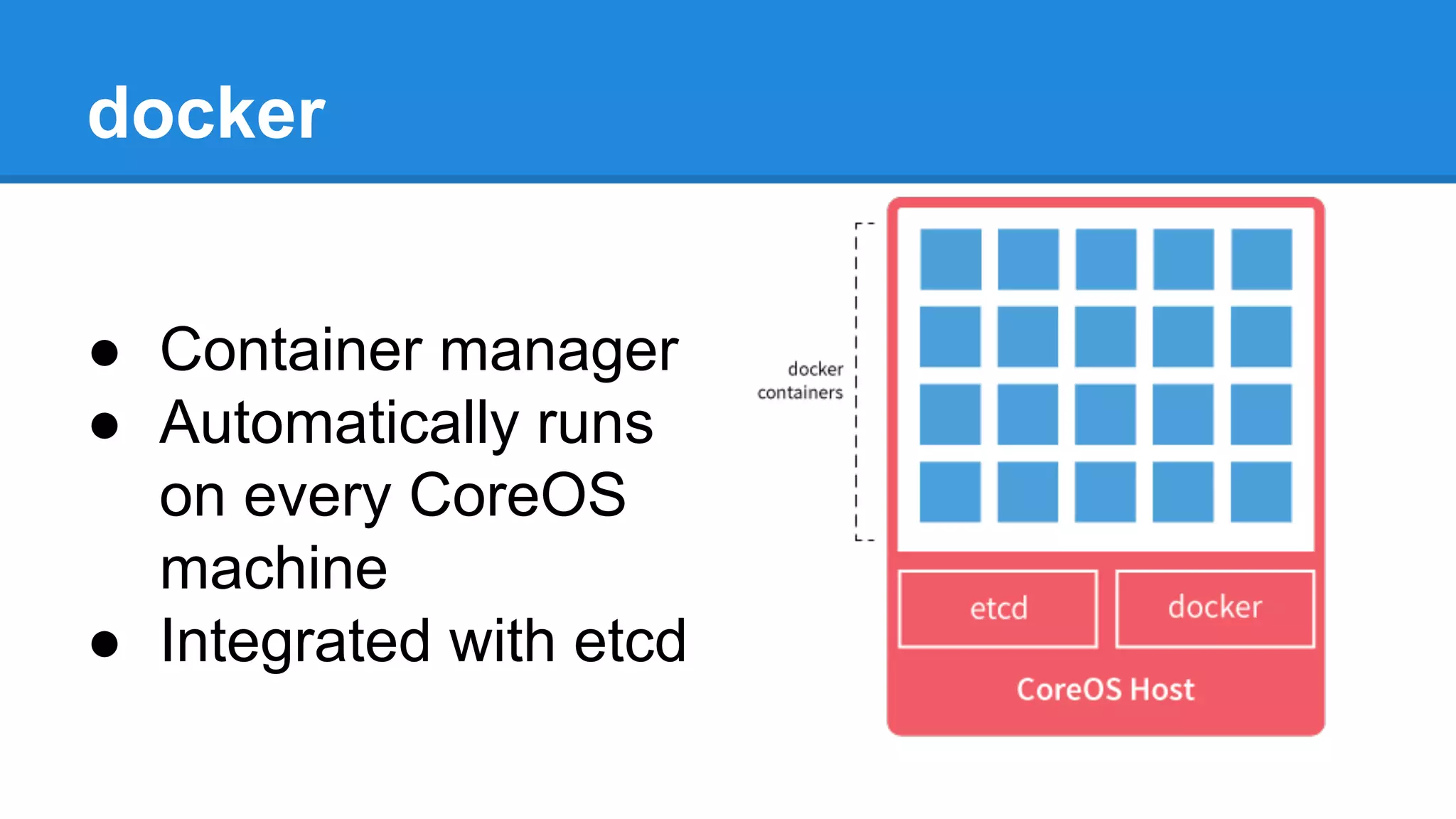 docker
â—Ź Container manager
â—Ź Automatically runs
on every CoreOS
machine
â—Ź Integrated with etcd