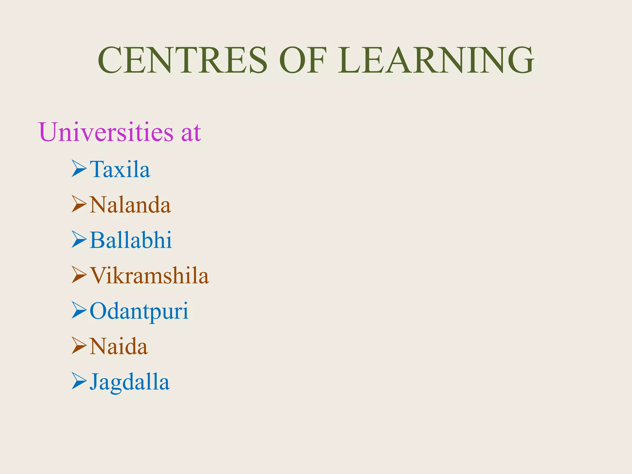 CENTRES OF LEARNING
Universities at
Taxila
Nalanda
Ballabhi
Vikramshila
Odantpuri
Naida
Jagdalla
 