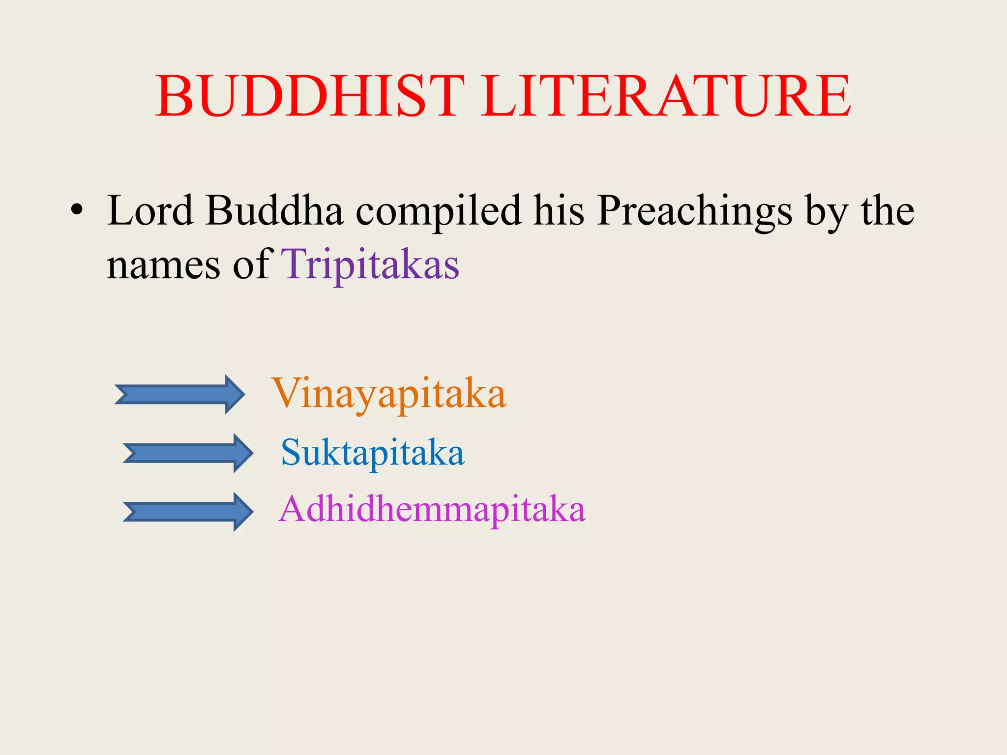 BUDDHIST LITERATURE
• Lord Buddha compiled his Preachings by the
names of Tripitakas
Vinayapitaka
Suktapitaka
Adhidhemmapitaka
 