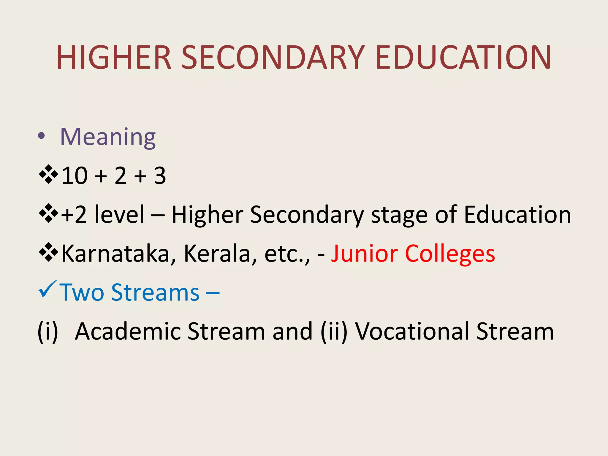 HIGHER SECONDARY EDUCATION
• Meaning
10 + 2 + 3
+2 level – Higher Secondary stage of Education
Karnataka, Kerala, etc., - Junior Colleges
Two Streams –
(i) Academic Stream and (ii) Vocational Stream
 
