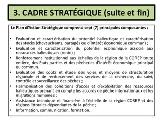 3. CADRE STRATÉGIQUE (suite et fin)
Le Plan d’Action Stratégique comprend sept (7) principales composantes :
• Evaluation et caractérisation du potentiel halieutique et caractérisation
des stocks (chevauchants, partagés ou d’intérêt économique commun) ;
• Evaluation et caractérisation du potentiel économique associé aux
ressources halieutiques (rente) ;
• Renforcement institutionnel aux échelles de la région de la COREP toute
entière, des Etats parties et des pêcheries d’intérêt économique principal
ou commun.
• Evaluation des coûts et étude des voies et moyens de structuration
régionale et de renforcement des services de la recherche, du suivi,
contrôle et surveillance des pêches ;
• Harmonisation des conditions d’accès et d’exploitation des ressources
halieutiques prenant en compte les accords de pêche internationaux et les
migrations humaines ;
• Assistance technique et financière à l’échelle de la région COREP et des
régions littorales dépendantes de la pêche ;
• Information, communication, formation.
 