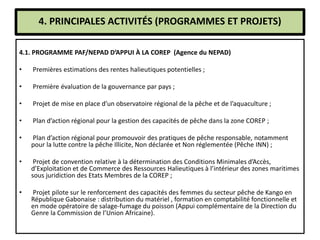 4. PRINCIPALES ACTIVITÉS (PROGRAMMES ET PROJETS)
4.1. PROGRAMME PAF/NEPAD D’APPUI À LA COREP (Agence du NEPAD)
• Premières estimations des rentes halieutiques potentielles ;
• Première évaluation de la gouvernance par pays ;
• Projet de mise en place d’un observatoire régional de la pêche et de l’aquaculture ;
• Plan d’action régional pour la gestion des capacités de pêche dans la zone COREP ;
• Plan d’action régional pour promouvoir des pratiques de pêche responsable, notamment
pour la lutte contre la pêche Illicite, Non déclarée et Non réglementée (Pêche INN) ;
• Projet de convention relative à la détermination des Conditions Minimales d’Accès,
d’Exploitation et de Commerce des Ressources Halieutiques à l’intérieur des zones maritimes
sous juridiction des Etats Membres de la COREP ;
• Projet pilote sur le renforcement des capacités des femmes du secteur pêche de Kango en
République Gabonaise : distribution du matériel , formation en comptabilité fonctionnelle et
en mode opératoire de salage-fumage du poisson (Appui complémentaire de la Direction du
Genre la Commission de l’Union Africaine).
 