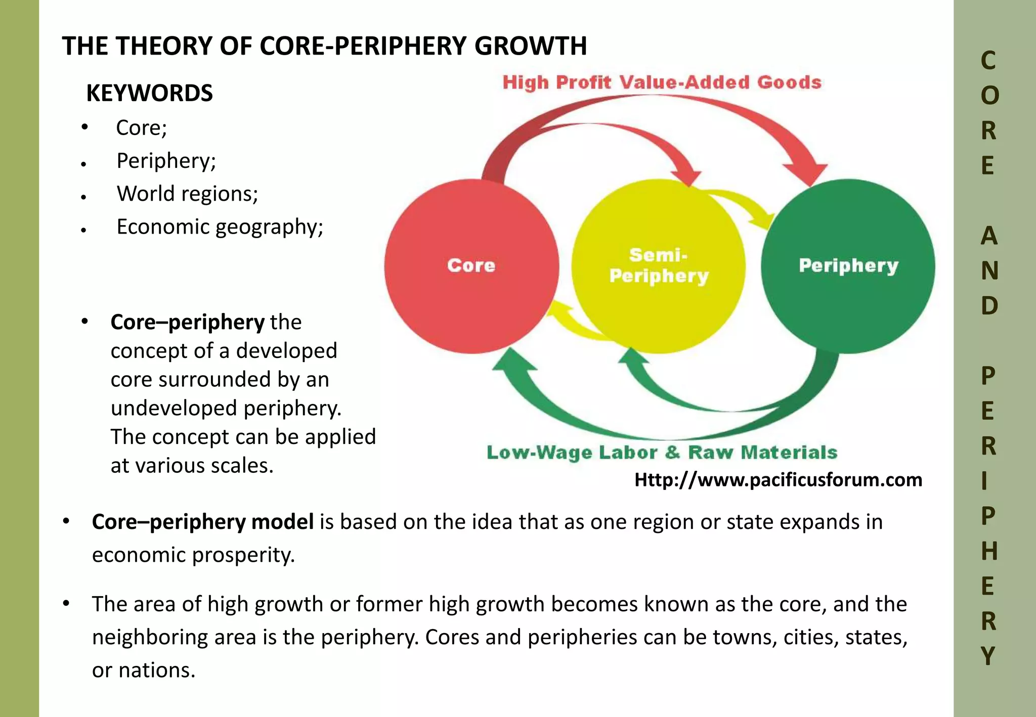 THE THEORY OF CORE-PERIPHERY GROWTH 
KEYWORDS 
• Core; 
 Periphery; 
 World regions; 
 Economic geography; 
C 
O 
R 
E 
A 
N 
D 
P 
E 
R 
I 
P 
H 
E 
R 
Y 
• Core–periphery the 
concept of a developed 
core surrounded by an 
undeveloped periphery. 
The concept can be applied 
at various scales. 
Http://www.pacificusforum.com 
• Core–periphery model is based on the idea that as one region or state expands in 
economic prosperity. 
• The area of high growth or former high growth becomes known as the core, and the 
neighboring area is the periphery. Cores and peripheries can be towns, cities, states, 
or nations. 
 