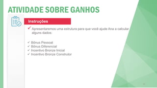 ATIVIDADE SOBRE GANHOS
55
Instruções
✓Apresentaremos uma estrutura para que você ajude Ana a calcular
alguns dados:
✓ Bônus Pessoal
✓ Bônus Diferencial
✓ Incentivo Bronze Inicial
✓ Incentivo Bronze Construtor
 