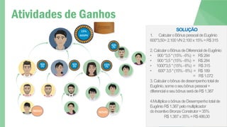 Atividades de Ganhos
15%
600PV
1000
PV
900
PV
900
PV
600
PV
SOLUÇÃO
1. CalcularoBônuspessoaldeEugênio
600*3,50=2.100VN2.100x15%=R$315
2.CalcularoBônusdeDiferencialdeEugênio:
• 900*3,5*(15%-6%) = R$284
• 900*3,5*(15%-6%) = R$284
• 1000*3,5*(15%-6%) = R$315
• 600*3,5*(15%-6%) = R$189
= R$1.072
3.Calcularobônusdedesempenhototalde
Eugênio,someoseubônuspessoal+
diferencialeseubônusserádeR$1.387
4.MultiplicaobônusdeDesempenhototalde
EugênioR$1.387pelomultiplicador
doIncentivoBronzeConstrutor=35%
R$1.387x35%=R$486,00
NOVO
NOVO
 