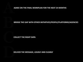 A
B
C
D
AGREE ON THE FINAL WORKPLAN FOR THE NEXT 24 MONTHS
COLLECT THE RIGHT DATA
DELIVER THE MESSAGE, LOUDLY AND CLEARLY
BRIDGE THE GAP WITH OTHER INITIATIVES/PEOPLE/PLATFORMS/AGENCIES
 